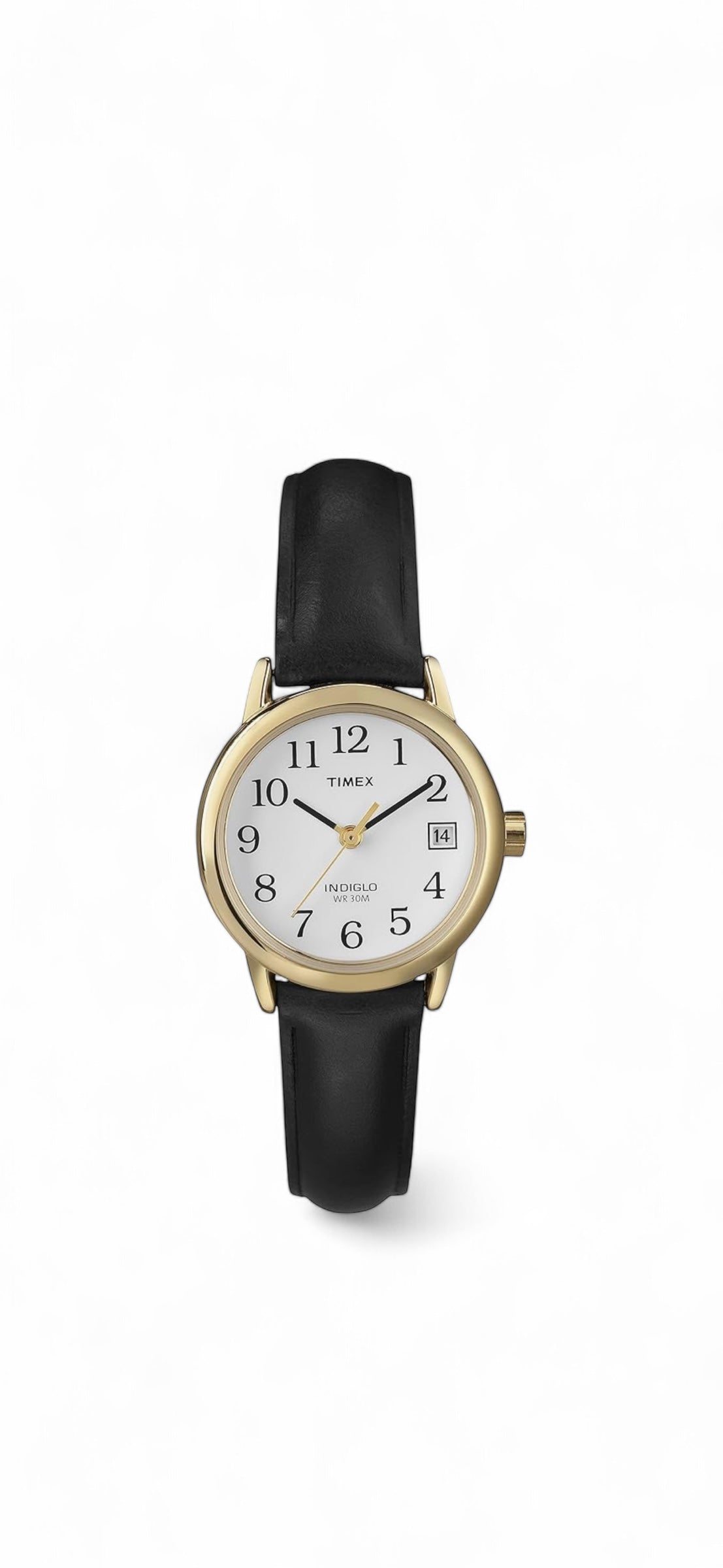 Timex Women's Easy Reader 25mm Watch – Gold-Tone Case White Dial and Date with Black Leather Strap