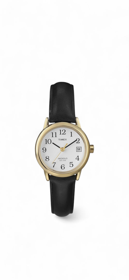 Timex Women's Easy Reader 25mm Watch – Gold-Tone Case White Dial and Date with Black Leather Strap